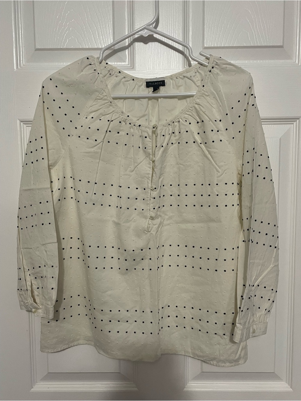 Talbots Cream Peasant Shirt with Black Dot Print - Medium